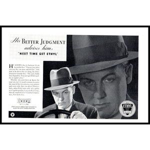 1934 Ethyl Gasoline Corp Vintage Print Ad Man Driving Steering Wheel Wall Art